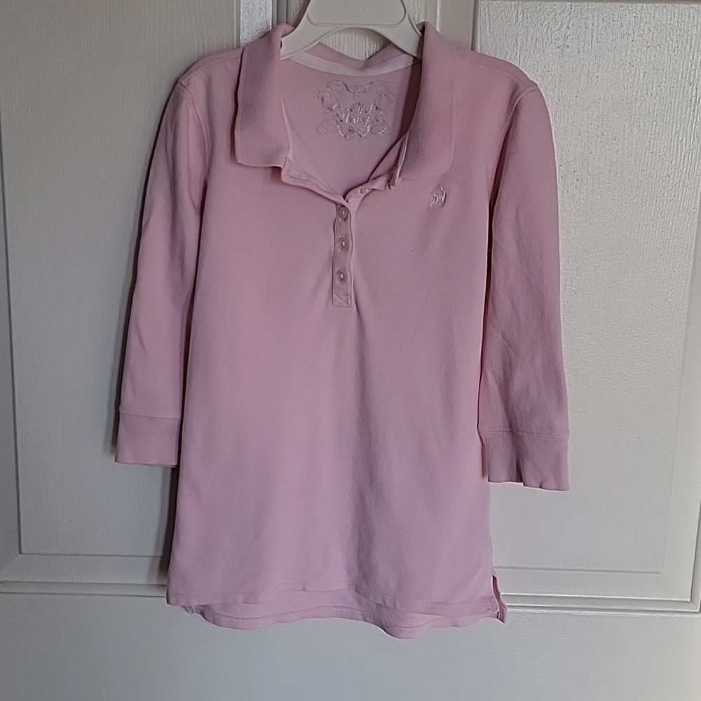 Old Navy, girls medium, pink polo shirt, 3/4 length sleeves.
